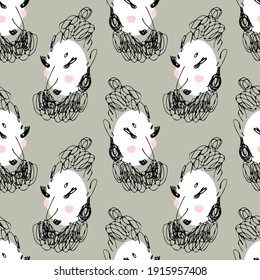 Vector seamless pattern with faces. Line drawn portrait of women.