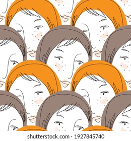 Vector seamless pattern with faces. Line drawn portrait of people. Baby faces with freckles. 