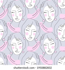 Vector seamless pattern with  faces. Line drawn portrait of people. Modern abstract faces with abstract shapes. Minimalism concept. Line art drawing style. Girls faces.