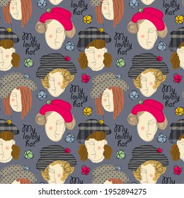 Vector seamless pattern with  faces. Line drawn portrait of people with hats and flowers. Modern abstract faces with abstract shapes. Minimalism concept. Line art drawing style.