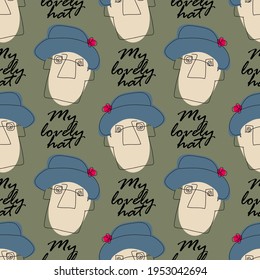Vector seamless pattern with  faces. Line drawn portrait of people with hats and flowers. Modern abstract faces with abstract shapes. Minimalism concept. Line art drawing style.