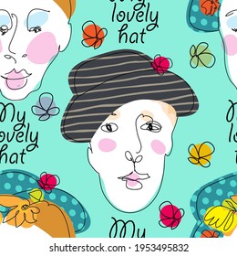 Vector seamless pattern with  faces. Line drawn portrait of people with hats and flowers. Modern abstract faces with abstract shapes. Minimalism concept. Line art drawing style.