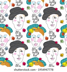 Vector seamless pattern with  faces. Line drawn portrait of people with hats and flowers. Modern abstract faces with abstract shapes. Minimalism concept. Line art drawing style.