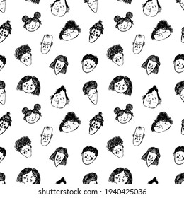 Vector seamless pattern with the faces of men and women, human emotions in sketch style on a white background.Vector pattern of faces of different nationalities.