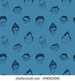 Vector seamless pattern with the faces of men and women, human emotions in sketch style on a blue background. Vector pattern of faces of different nationalities.