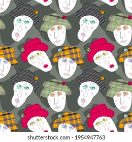 Vector seamless pattern with  faces. Portraits of people with hats and flowers. Funny faces with abstract shapes. Minimalism concept. 