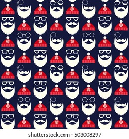 Vector seamless pattern of faces with Santa hats, mustache and beards. Various doodles Christmas Santa design elements. Holiday icons