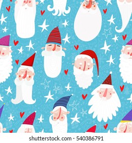 Vector seamless pattern of faces with Santa hats, mustache and beards.  Christmas and New Year.Suitable for textile, gift cards and gift wrapping paper.

