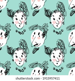 Vector seamless pattern with faces. Women and men. Line drawn portrait.