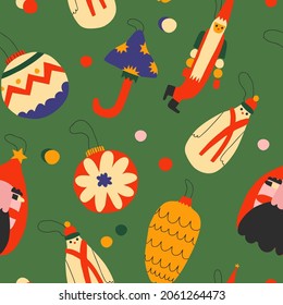 vector seamless pattern - faded vintage christmas toys. Retro santa claus ornament, snowman, ball on christmas tree. Cottagecore new year 70s and 80s. Wrapping paper and wallpaper social media