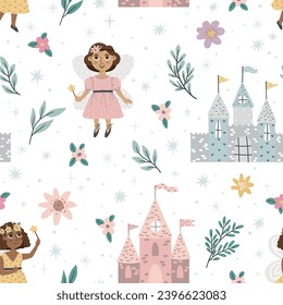 Vector seamless pattern with fairies and castles, suitable for printing on fabric, paper, cards and other creative uses.