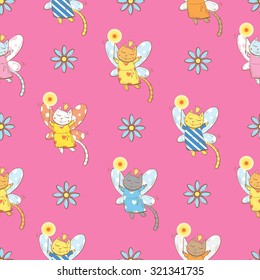 Vector seamless pattern with fairies cats and  flowers on a pink  background.