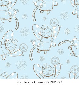 Vector seamless pattern with fairies cats and  flowers on a blue  background.