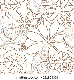 Vector seamless pattern with fairies cats and  flowers on a white  background.