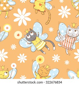 Vector seamless pattern with fairies cats and white  flowers on a pink  background.