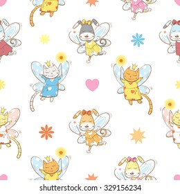 Vector seamless pattern with fairies cats and  dogs  on a white  background.