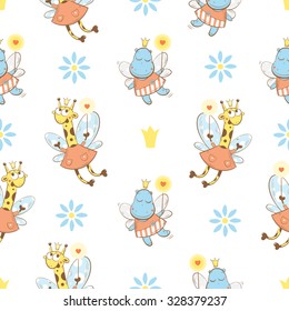 Vector seamless pattern with fairies giraffes and  hippopotamuses  on a white  background.