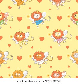 Vector seamless pattern with fairies lions and  hearts  on a yellow  background.