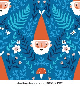 Vector seamless pattern with fairy tale gnomes and magical plants on blue background. Stylish hand-drawn vector magic kids seamless design for fabric or wallpaper.