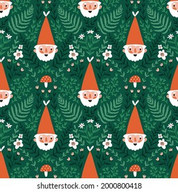 Vector seamless pattern with fairy tale gnomes and magical plants on green background. Stylish hand-drawn vector magic kids seamless design for fabric or wallpaper.