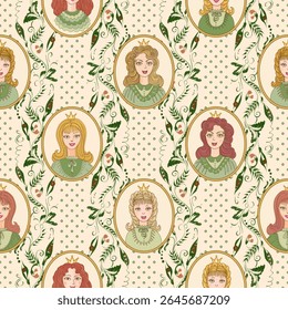 Image vectorielle motif harmonieux de portraits de princesse de conte de fées et fonds d'écran de pois verts sur fond beige