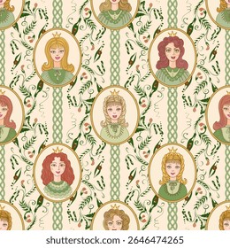 Image vectorielle motif harmonieux de portraits de princesse de conte de fées et fonds d'écran de pois verts sur fond beige