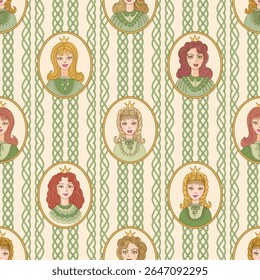 Image vectorielle motif harmonieux de portraits de princesse de conte de fées et fonds d'écran de pois verts sur fond beige