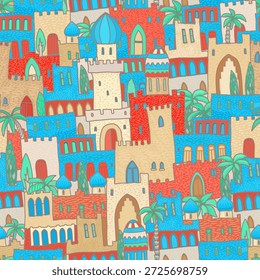 Vector Seamless pattern of fairy tale oriental medieval town