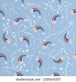 Vector seamless pattern with fairy unicorns and rainbows.