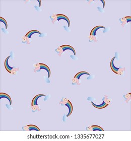 Vector seamless pattern with fairy unicorns and rainbows.