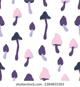 Vector seamless pattern with fairy-mushroom. Hand drawn fantasy fungi illustration. Cartoon whimsical amanita, toadstool background. Print for fabric, wrapping, digital paper.