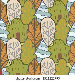 Vector seamless pattern. Fairytale autumn forest. Suitable for paper products and textiles.