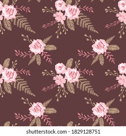 Vector seamless pattern with fall bouquets. Roses with ferns and branches.