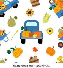 Vector seamless pattern. Fall harvest blue truck with orange, brown pumpkins, sunflowers, corn, apple basket, wheat spikelet. Repeated texture, wrapping paper. Isolated on white background.