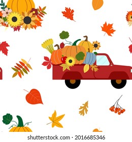 Vector seamless pattern with fall harvest red truck with pumpkins, sunflowers, a sheaf of wheat, flowers, autumn leaves. Thanksgiving day theme design. Isolated on white background.