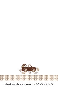 Vector seamless pattern with fall harvest brown truck with pumpkins, sunflowers, a sheaf of wheat, flowers, autumn leaves. Thanksgiving day theme design. Isolated on white background.