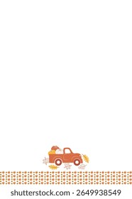 Vector seamless pattern with fall harvest orange truck with pumpkins, sunflowers, a sheaf of wheat, flowers, autumn leaves. Thanksgiving day theme design. Isolated on white background.