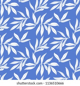 Vector seamless pattern with fall leaves. Elegant modern autumn background. Vintage print with leaves silhouettes on blue background for autumn fall fashion. Botanical retro texture with leaf shapes