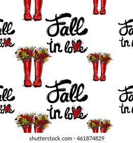 Vector seamless pattern with fall in love lettering and red hunter boots and leaves. Background for decoration seasonal celebration, greeting card and banner. Hand drawn symbols on white backdrop.