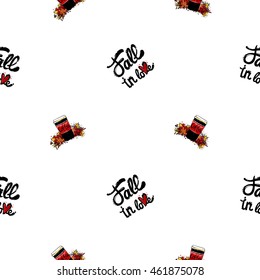 Vector seamless pattern with fall in love lettering and coffe cup and leaves. Background for decoration seasonal celebration, greeting card and banner. Hand drawn symbols on white backdrop.
