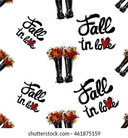 Vector seamless pattern with fall in love lettering and rubber boots and leaves bouquet. Background for decoration seasonal celebration, greeting card and banner. Hand drawn symbols on white backdrop.