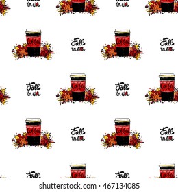 Vector seamless pattern with fall in love lettering and coffe cup and leaves. Background for decoration seasonal celebration, greeting card and banner. Hand drawn symbols on white backdrop.