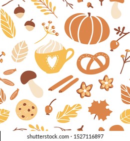 Temporada de otoño sin fisuras del vector. Símbolo de otoño dibujado a mano sobre fondo blanco. Calabaza, galletas, tarta, especias y sabrosas bebidas calientes. Fondo estacional, papel pintado, diseño de impresión textil.