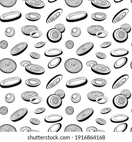 Vector seamless pattern with falling onion rings and onion slices. Sliced onion. Outline drawing. 