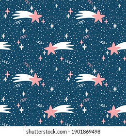 Vector seamless pattern with falling stars and sparkles. Space repeated texture with sky elements. Childish print for kids fabric and wrapping paper.