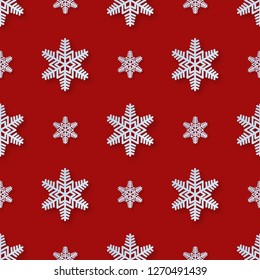 Vector seamless pattern of falling white snowflakes on red background. Winter abstract pattern for banner, greeting, Christmas and New Year card, invitation, postcard, paper packaging.