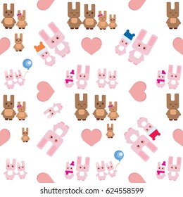 Vector seamless pattern with families of funny rabbits and hearts on a white background.
