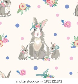 Vector seamless pattern family of rabbits, bunnies. Mom bunny in a flower wreath with children. Delicate pattern, the arrival of spring, Easter, summer. Design for printing on textiles, packaging.