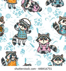 Vector seamless pattern. Family of raccoon sisters on meadow, herbal and mushrooms background. Smiling, happy, crying, dreaming, sleeping, dancing tribal, yoga raccoons in sweet dress. Mori-girl style