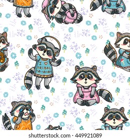 Vector seamless pattern. Family of raccoon sisters on meadow, herbal and mushrooms background. Smiling, happy, crying, dreaming, sleeping, dancing tribal, yoga raccoons in sweet dress. Mori-girl style